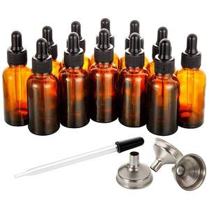 12, 1 oz Dropper Bottles for Essential Oils with 3 Stainless Steel Funnels Set